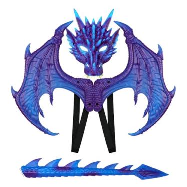 Imagem de MMOO Asas de dragão de espuma de poliuretano, festas cosplay e asas de fantasia (azul + cauda de máscara)