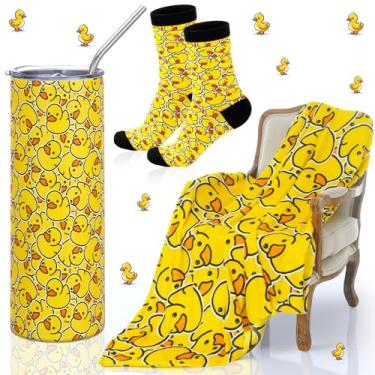Imagem de HunnmingRe 3 peças de presentes de pato amarelo para mulheres, cobertor de 590 ml, copo com tampas e meias de palha, cesta de presente quente para Halloween, Natal, aniversário, amante de animais