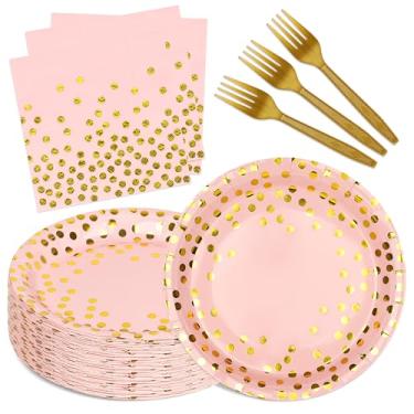 Imagem de Upigi Pratos e guardanapos de papel rosa e dourado, serve 25 pratos e guardanapos rosa, conjunto de talheres de papel descartável para aniversário, casamento, chá de panela, chá de bebê, decorações