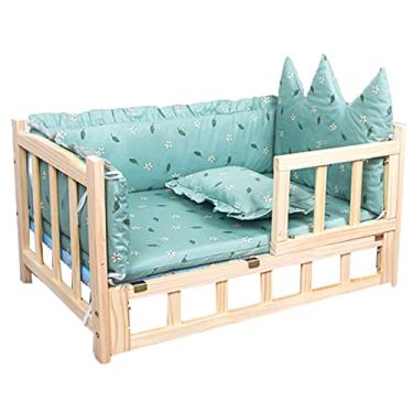 Imagem de OQOPO Dog House Cama de madeira para cães com encosto de cabeça Cama elevada para animais de estimação Cama de inverno quente para cães com grade de proteção e escadas para cães, animais de estimação
