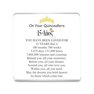 Imagem de FEELMEM Sweet 15 Gift 15 anos de idade Quinceanera acrílico decoração de mesa quinze anos 15 marmelo decoração de festa de aniversário presentes para ela (bege)