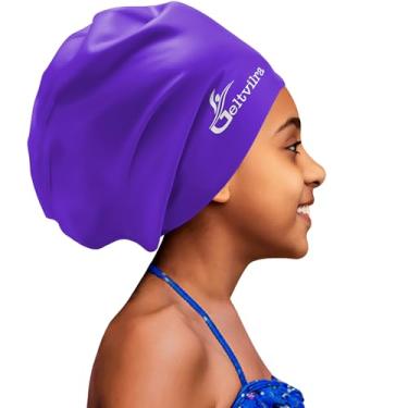 Imagem de Touca de natação extra grande para crianças negras de 4 a 16 anos com tranças de cabelo longo, chapéu de natação de silicone impermeável, turbante, proteção de cabelo para meninos, crianças e jovens