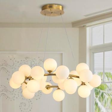 Imagem de ABTTOI Lustre de bola de 25 bolhas de luz decorativo de metal com sombra de vidro fosco, luminária suspensa regulável de LED para corredor, quarto, sala de estar em ouro