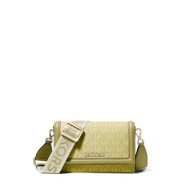 Imagem de Michael Kors Bolsa transversal para celular Jet Set, ferragens douradas/tonal MK Signature Nylon com logotipo MK Webbbing/pistache