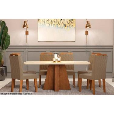 Imagem de Mesa Cozinha Maitê Tampo Madeirado c/ Vidro Canto Curvo 160x80cm e 6 Cadeiras Paola Savana-Nature-Madeirado/Off White -Velud-Cimol