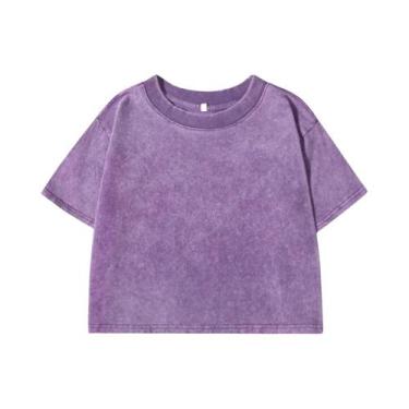 Imagem de Camiseta Cropped Feminina Solta Com Decote Redondo 100% Algodão Lavado