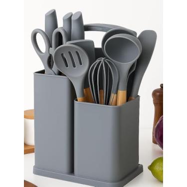Imagem de Utensilios Cozinha Silicone | Kit 19 Pecas Completo | Espatulas Pegadores, Colheres e Tabua de Corte | Para Cozinhar Assar e Servir | Resistente Calor Seguranca | Praticidade e Estilo (Cinza)