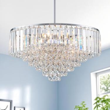 Imagem de Lustres de cristal K9 de 7 camadas para sala de jantar, lustre de cristal redondo moderno de níquel escovado de 50,8 cm para quarto, luminária pendente francesa de 5 luzes para sala de estar banheiro