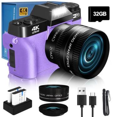 Imagem de Câmera digital VJIANGER 2024 para fotografia e vlogging para YouTube com WiFi, tela flip de 180°, zoom digital de 16x, lente de 52 mm, 2 baterias, cartão micro SD de 32 GB (Roxo)