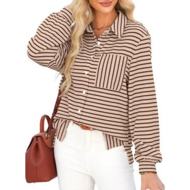 Imagem de Camisa feminina elegante, listrada, com decote em V, manga comprida - 