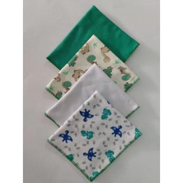 Imagem de Kit 4 Fraldas Bebê Malha 30x32 2 Estampadas e 2 Lisas Cor Verde - Ana 