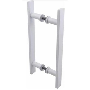 Imagem de Puxador de Porta Duplo em Alumínio, Barra Chata, Branco, 60cm, para Porta Pivotante de Madeira e Vidro
