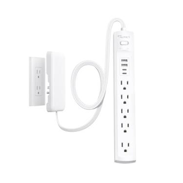 Imagem de NUTICT - Cabo de extensão plano com tampa de plugue, proteção contra sobretensão com 5 tomadas e 2 USB-A e 2 USB-C, proteção 1440J, cabo de tomada de parede plana de 3 pontos, 3
