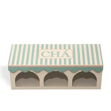 Imagem de Geguton - Caixa Chá Bistrô - Aço com 3 Compartimentos e Viseira - Organização e Decoração - Bege Fosco com Estampa