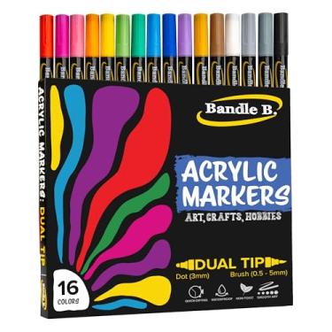 Imagem de Bandle B. Marcadores de tinta acrílica – Conjunto de 16 canetas de tinta de ponta dupla com ponta de ponto e pincel para arte, pintura rupestre, coloração, diário, madeira, vidro, tela e artesanato