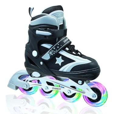 Imagem de SMOOJOY Patins infantis em linha para meninos, meninas e jovens, todas as rodas iluminadas com moldura de alumínio lâmina verde skate para iniciantes de 5 a 8 anos, perfeito para ambientes internos e