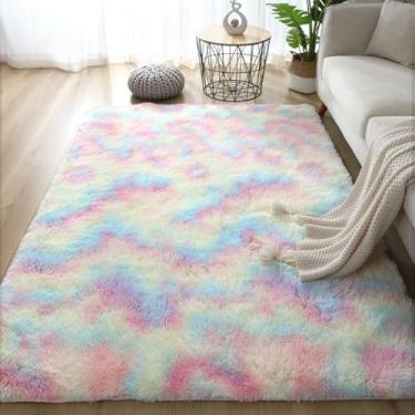 Imagem de Tapete branco fofo para sala de estar, quarto, decoração de casa, tapete grande, grosso, para meninas, quarto infantil, tapete rosa peludo (tamanho pequeno de 50x80 cm/arco-íris)