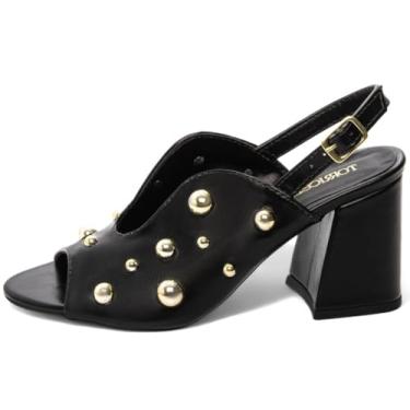 Imagem de Sandália Ankle Boot Feminina Salto Alto Grosso 7cm, Napa Preto, Aplicques em Dourado (Preto, BR, Adulto, Numérico, 37)