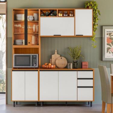 Imagem de Cozinha Modulada Completa 3 Peças 9 Portas 2 Gavetas com Cristaleira Ravena Freijó / Off White Acetinado