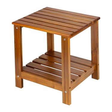 Imagem de Utoplike Mesa lateral de teca ao ar livre, mesa de canto de pátio de camada dupla, mesas de madeira com detalhes de café para quintal, jardim, cama, sala de estar, sofá