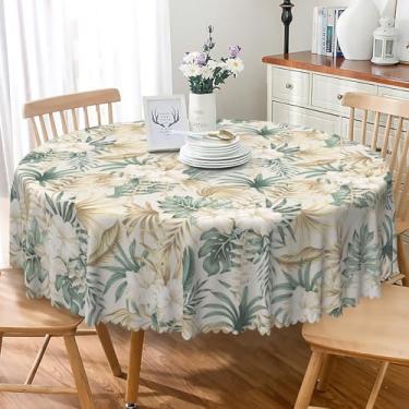 Imagem de SIEDYCV Toalha de mesa redonda de planta tropical, 137 cm, hibisco branco, rosa, sinensis, tecido de folha de palmeira, poliéster, impermeável, reutilizável, capa de mesa branca para decoração de