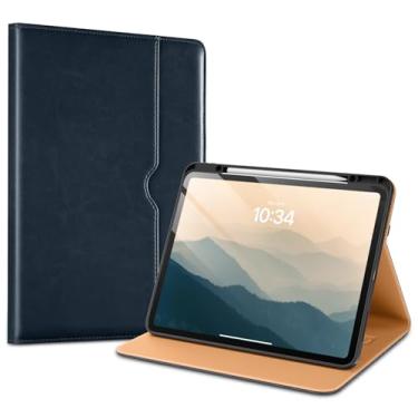 Imagem de VIKESI Capa para iPad Pro 13 (M4) 2024, capa de couro com suporte para Apple Pencil, despertar/hibernar automaticamente, vários ângulos de visualização, alça de mão e bolso embutidos, azul