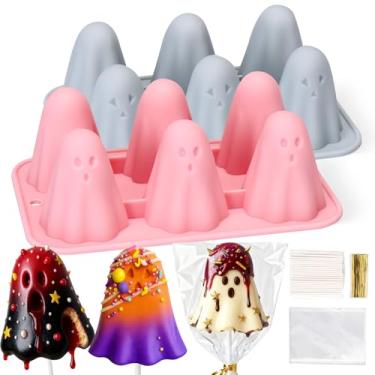 Imagem de Kit de moldes de bolo pop de 152 peças, moldes pop de bolo fantasma de Halloween, molde de pirulito de silicone com palitos de bolo, sacos de petiscos, laços torcidos para cakepops chocolate doce