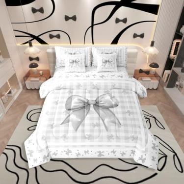 Imagem de Erosebridal Jogo de cama Queen infantil cinza com gravata borboleta em uma bolsa, 7 peças, cinza, xadrez, xadrez e lençol com lençóis, para meninos, meninas, meninas, estilo princesa