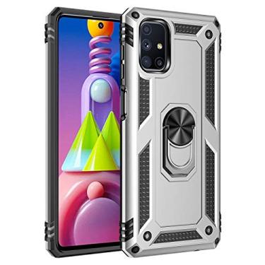 Imagem de SORAKA Capa para Samsung Galaxy M51 com suporte de anel capa protetora para Samsung Galaxy M51 capa traseira de policarbonato rígido com placa de metal para suporte magnético de telefone carro prata