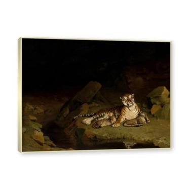 Imagem de NHLDZYH Moldura de champanhe. Famosas pinturas a óleo (tigres e filhotes) de Jean Leon Gerome, reprodução impressa em tela, arte de cenário para decoração de sala de estar. 40 x 50 cm - 15,8 x 19,7
