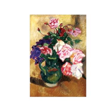Imagem de Flores Pintura em tela Famosa Pintura Reprodução-Quadros para sala de estar-Rosas em jarra verde-Pôster e impressões 20x30cm Sem Moldura