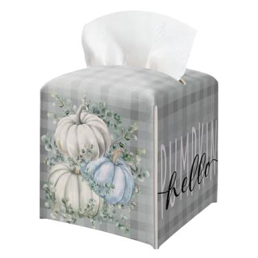 Imagem de Suporte de caixa de lenços de abóbora, capa quadrada de caixa de lenços de papel xadrez de abóbora de eucalipto, organizador de papel facial de colheita, suporte de papel higiênico para banheiro