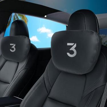 Imagem de Travesseiro de pescoço de carro de couro Napa para Tesla Model Y Model 3 Juniper/Highland almofada de encosto de cabeça espuma viscoelástica design ergonômico respirável altura ajustável acessórios
