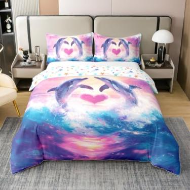 Imagem de Capa de edredom casal golfinho 100% algodão Queen 3 peças azul ondas do mar tie dye céu sonhador conjunto de cama para crianças adolescentes adultos bonito selvagem vida marinha romântica rosa coração