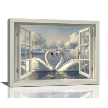 Imagem de Kylora Arte de parede de cisne, decoração de parede com imagens de cisnes, pintura de lago de inverno, impressões em tela branca, arte emoldurada para banheiro, quarto, sala de estar, escritório
