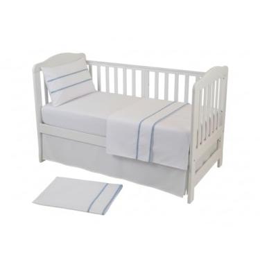 Imagem de JG Lençol Berço Bebê 4 pçs 1 Lençol c Elástico 2 Fronhas 1 Travesseiro Micro Percal Poliéster (Viés Azul Bebê, Berço)