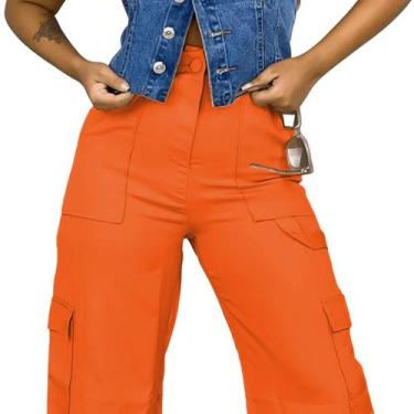 Imagem de Calça Cargo Pantalona Alfaiataria Luxuosa Bolsos Wide Leg Moda Descola