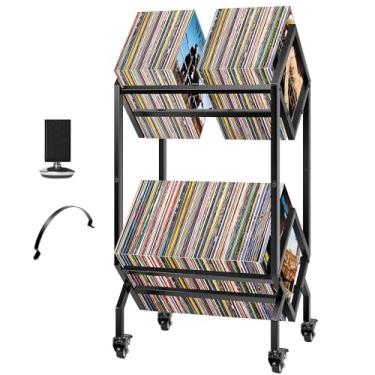 Imagem de VIVOHOME Rack de Armazenamento de Discos de Vinil, Organizador de Registros de 2 Camadas, Suporte de Exibição de 100-200 Lp para Álbuns, Revistas, Livros, Arquivos de Escritório com Rodízio