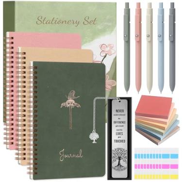 Imagem de EudaBlos Conjunto de papelaria para mulheres, kit de diário bíblico, 3 cadernos espirais A5, canetas de gel, marcador de página de aço, notas adesivas e abas, caixa de presente - conjunto de presente