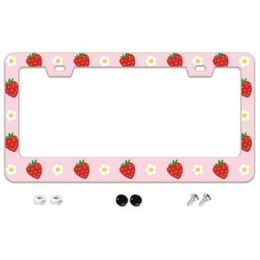Imagem de Linda moldura de placa de carro rosa morangos de aço inoxidável acessórios para carro decoração com parafusos moldura de placa de carro 2 furos 16 cm x 31 cm para presente feminino