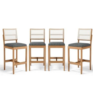 Imagem de Kit Com 4 Banquetas Milena Madeira Maciça Assento Estofado Encosto De Tela Sintética