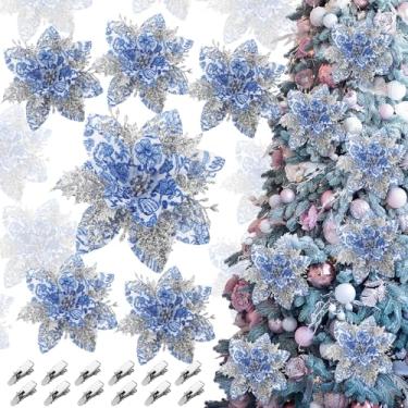 Imagem de Tigeen 12 peças de flores artificiais de poinsétia branca e azul com clipes de haste, enfeites de árvore de Natal para decoração de guirlanda de festa de casamento, branco e azul