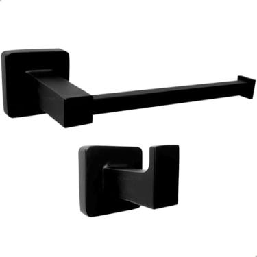 Imagem de Dona D Cor, Kit Suporte Banheiro Porta Papeleira Gancho Preto Fosco Inox