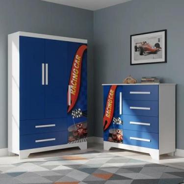 Imagem de Conjunto Quarto Infantil Carros - Roupeiro e Cômoda Mdf - Azul - GD Mó