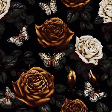 Imagem de BOKEBEVE Papel de parede floral preto amarelo descasque e cole papel de contato borboleta papel de parede vintage para banheiro quarto Backsplash amigável para locatários 43,5 x 395 cm