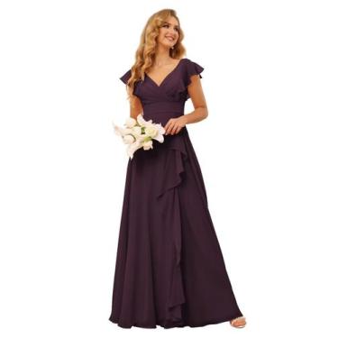 Imagem de Vestido de dama de honra TIRAS Ruffle Plum Chiffon Wedding Guest