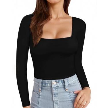 Imagem de Camiseta feminina MANGOPOP, manga comprida, gola quadrada, preta