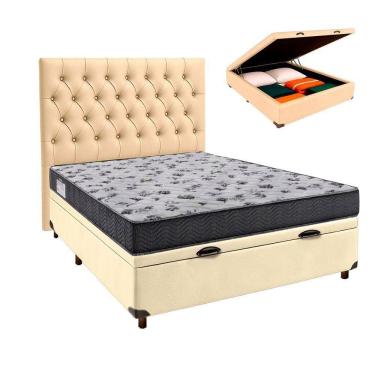 Imagem de Conjunto Cama Box Bau Bege Casal + Colchão D33 Iso100 Ortobom + Cabeceira