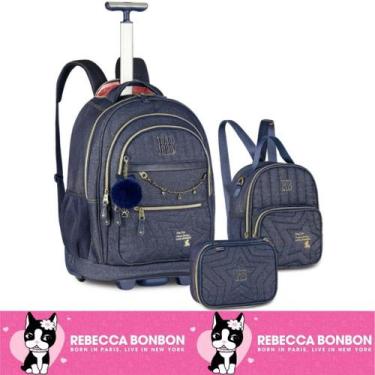 Imagem de Kit Mochila Jeans Grande De Rodinha Oficial Rebecca Bonbon Lancheira E