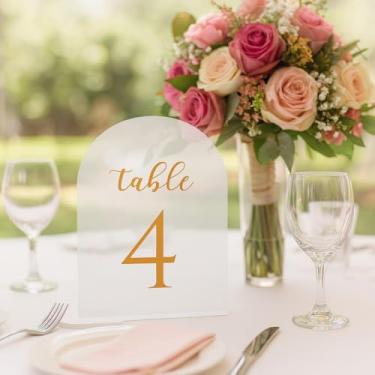 Imagem de Placas acrílicas para mesa de casamento, 12 x 17 cm, arco de festa, números 1-15 com fonte dourada (número 4)